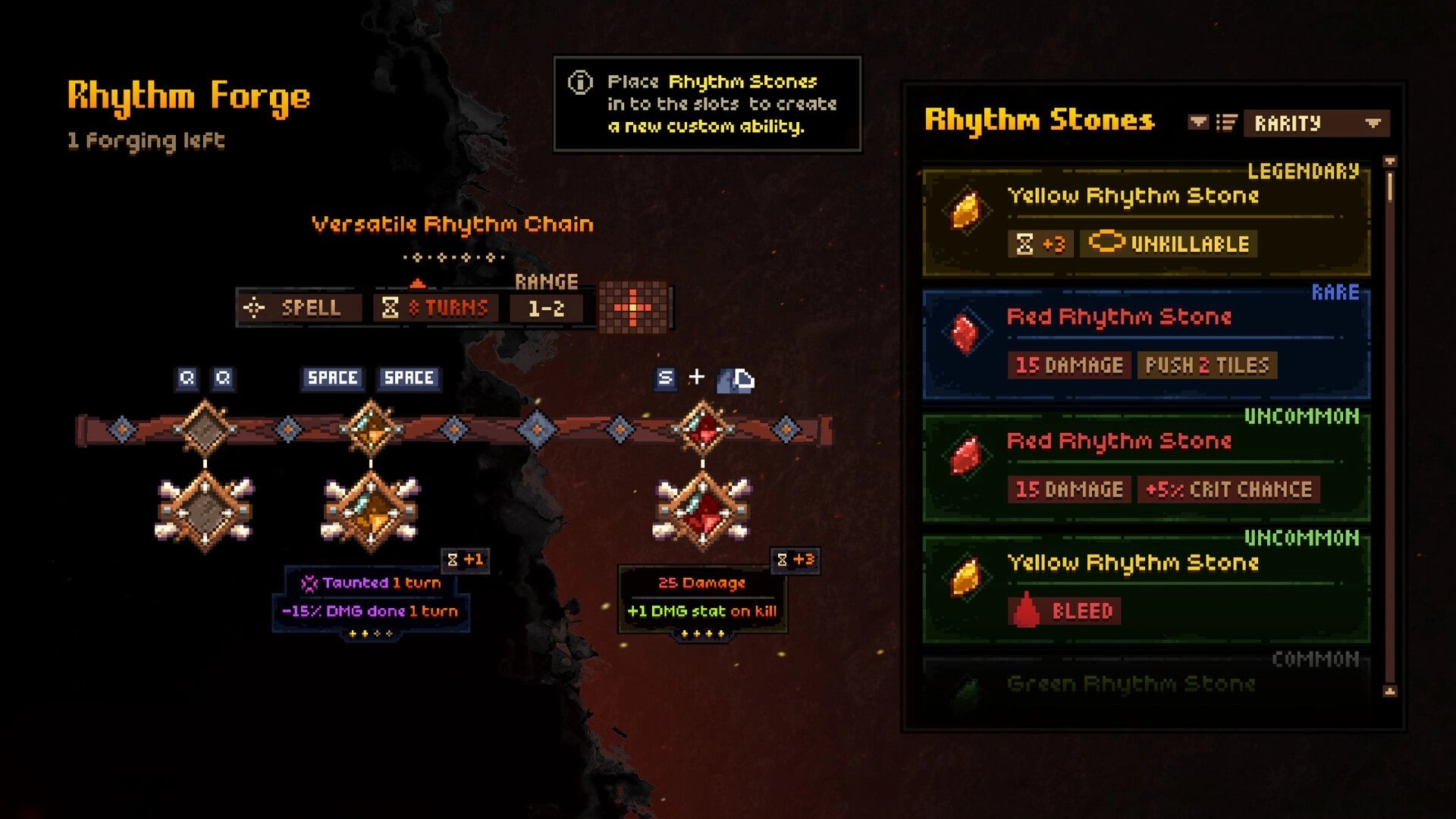 Wardrum: Rhythm Forge upgrade screen with rhythm chain slots and a rarity-sorted stones list UI.