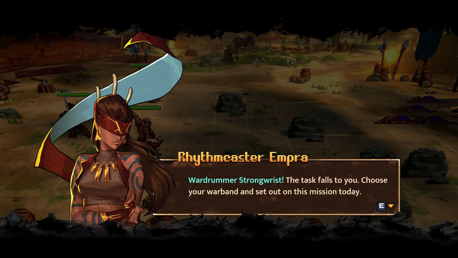 Wardrum: Dialogue box with Rhythmcaster Empra addressing the player over a gridded desert map.