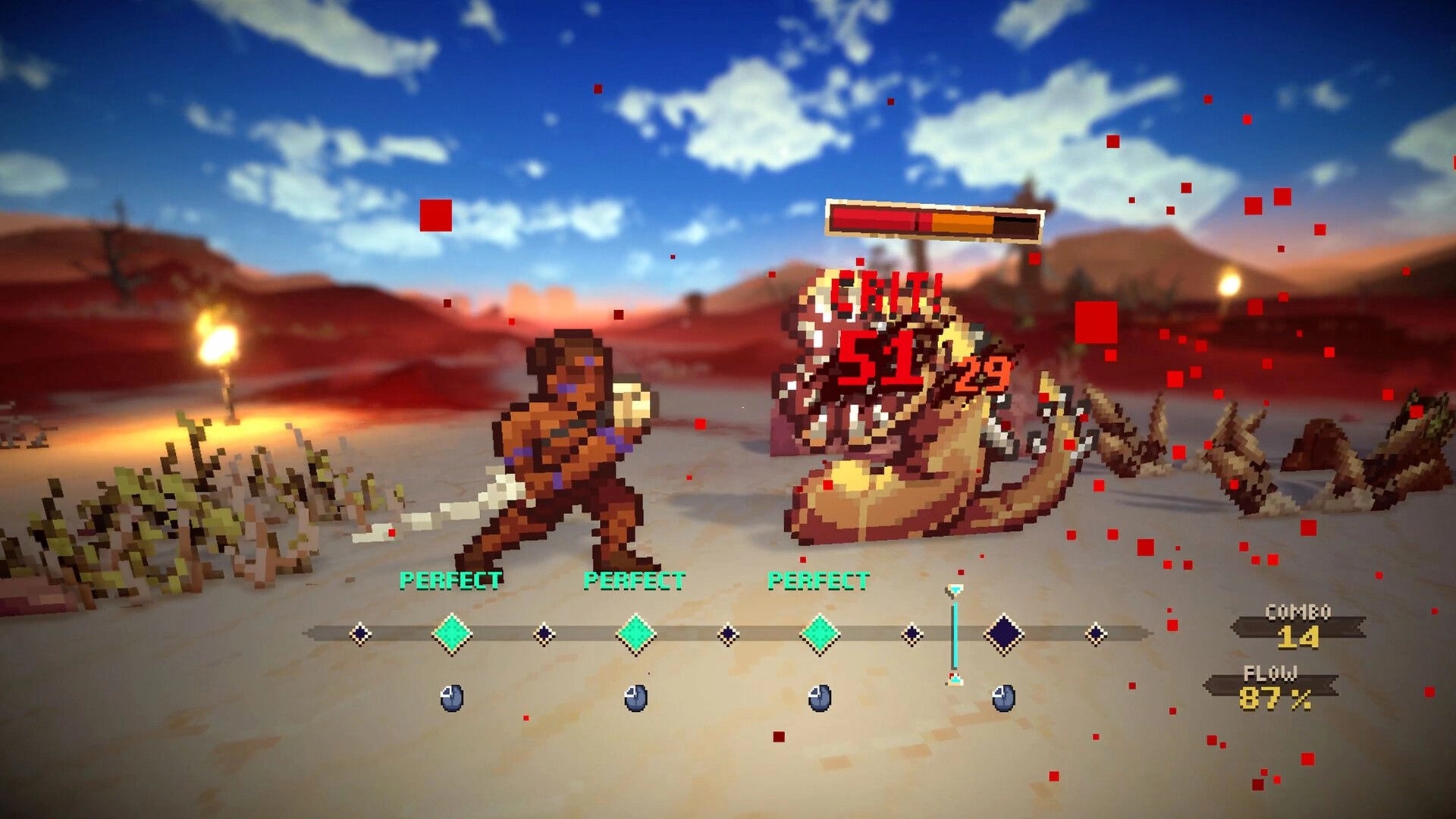 Wardrum: Warrior lands a critical hit on worm foe with rhythm timing bar in desert battlefield.