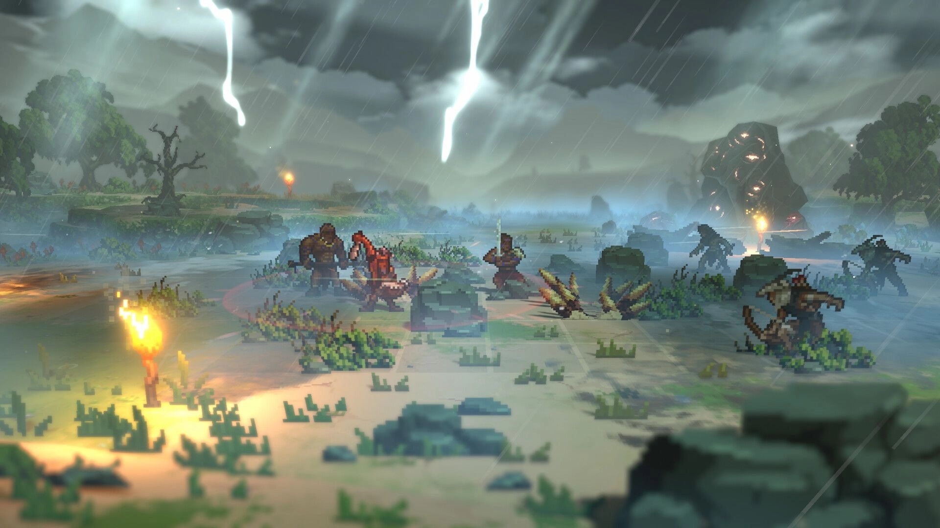 Wardrum: Tribal warriors face shadowy foes in turn-based battle on a stormy, torchlit marshland.