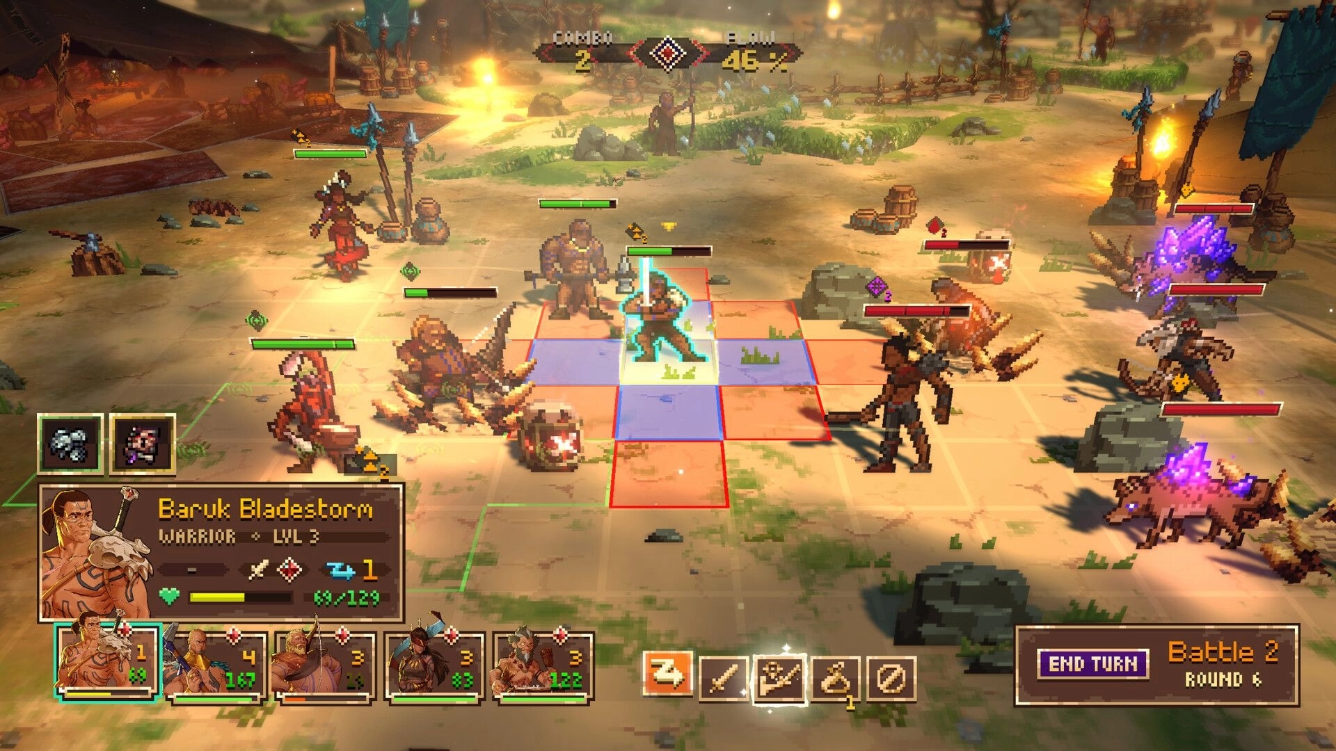 Wardrum: Baruk Bladestorm in grid combat with beasts and bandits on a dusty camp battlefield.
