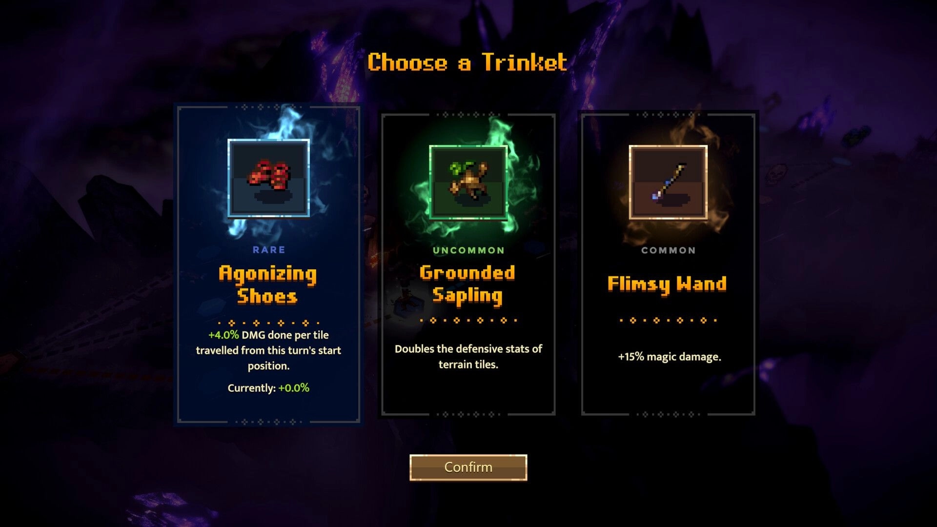 Wardrum: Choose a Trinket menu with three item cards and Confirm button over dark cavern backdrop.