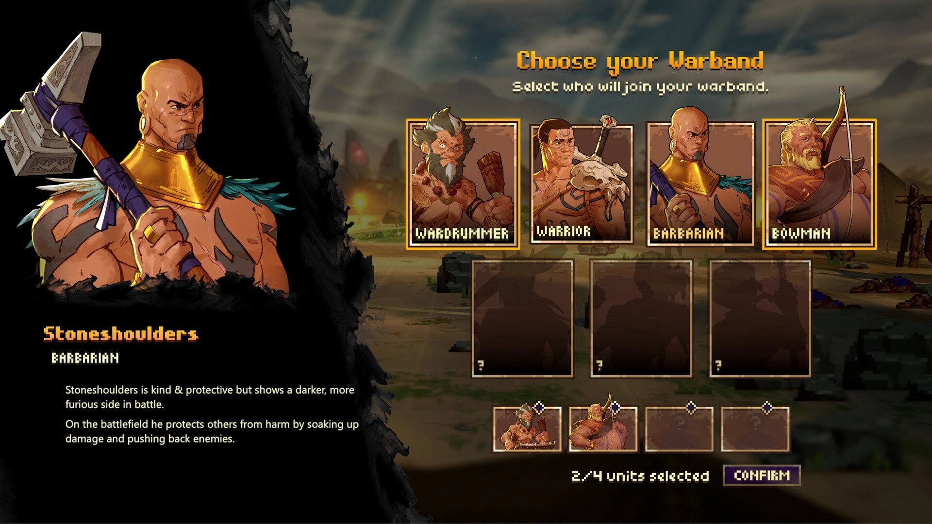 Wardrum: Choose your Warband menu with unit portraits and confirm button over desert camp backdrop.