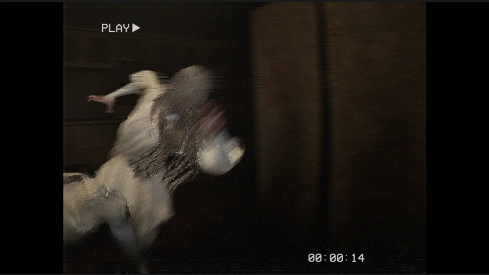 工廈 Warehouse: Blurred ghostly figure lunges in dim industrial hallway, VHS overlay at top and bottom