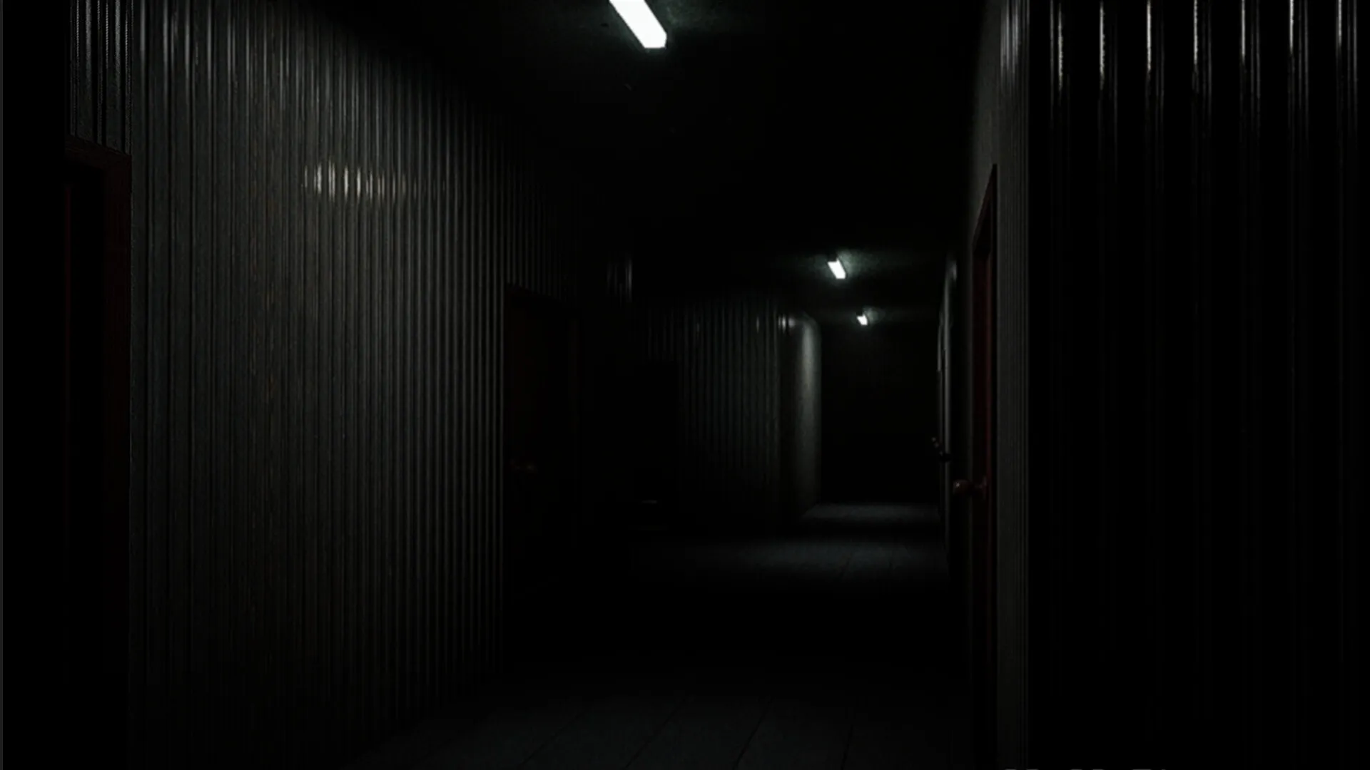 工廈 Warehouse: Dimly lit corridor with metallic walls and flickering fluorescent lights in darkness