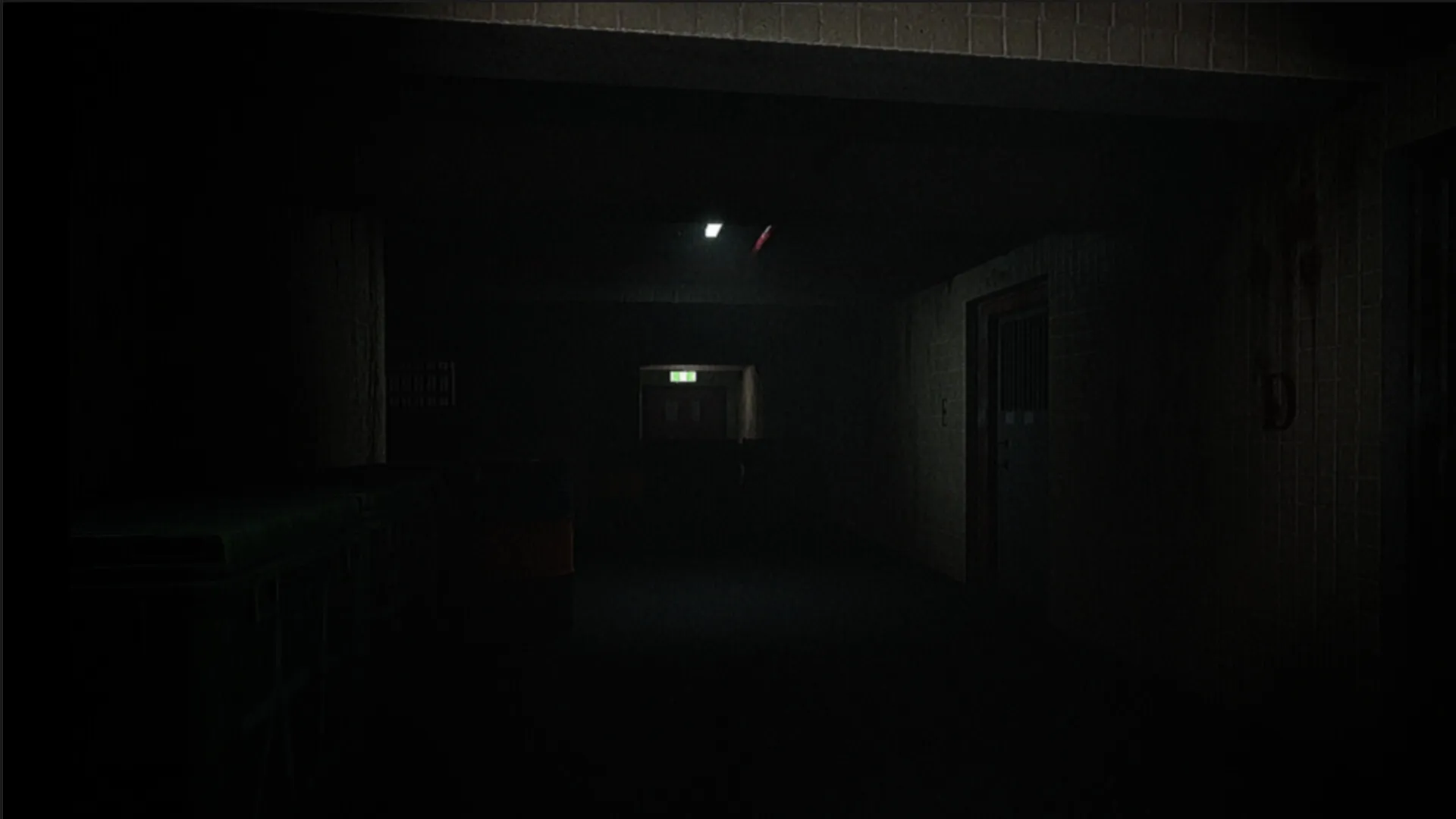 工廈 Warehouse: Dimly lit hallway with exit sign glowing at the end in a decrepit industrial building