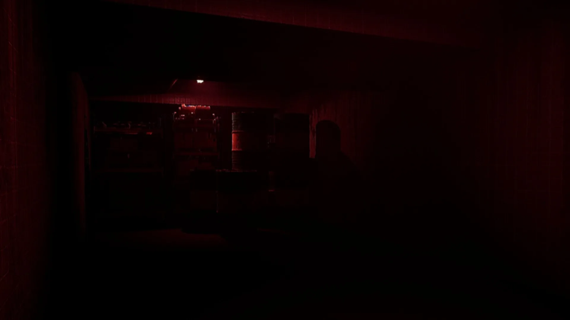 工廈 Warehouse: Dimly lit corridor with shadowy figure near shelves and barrels in industrial building