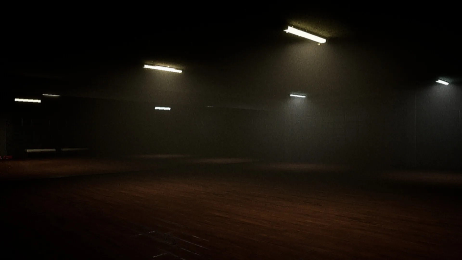 工廈 Warehouse: Dimly lit empty room with wooden floor and flickering fluorescent lights above