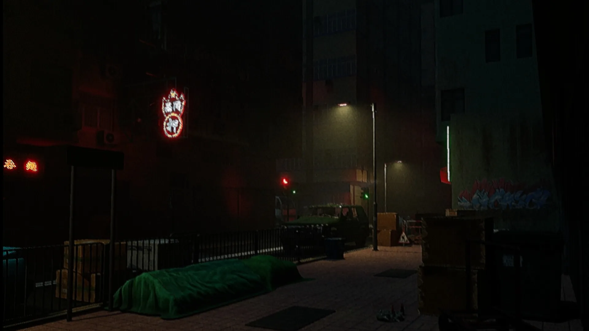 工廈 Warehouse: Dimly lit street with neon signs and parked truck in a decaying industrial setting