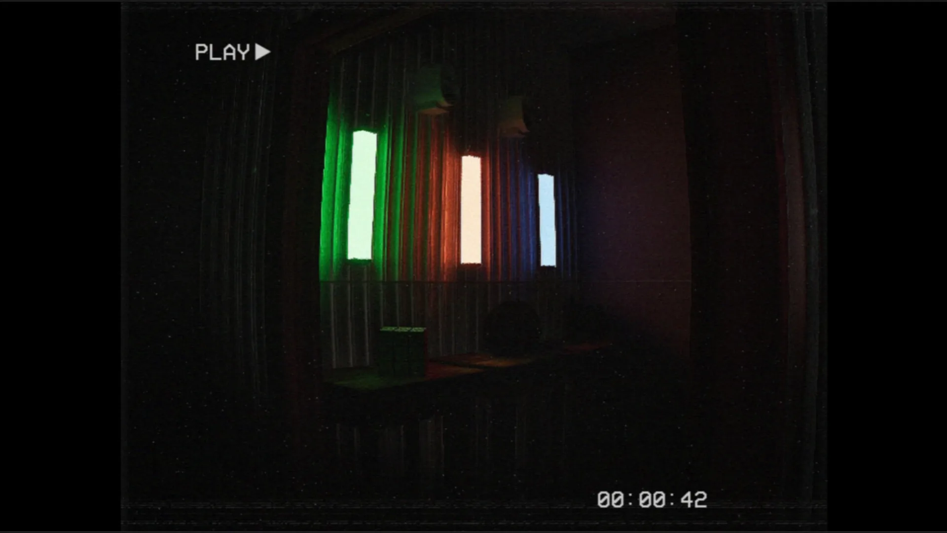 工廈 Warehouse: Dimly lit corridor with green, red, and blue neon lights reflecting on metal walls