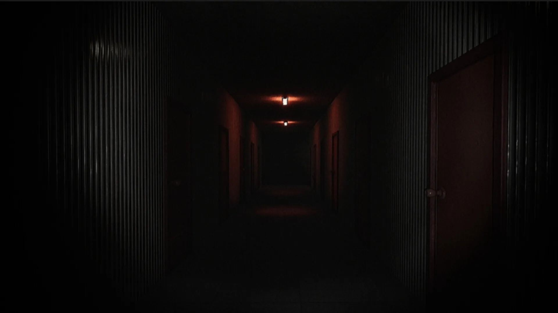 工廈 Warehouse: Dimly lit corridor with metal walls and closed doors in an eerie industrial building