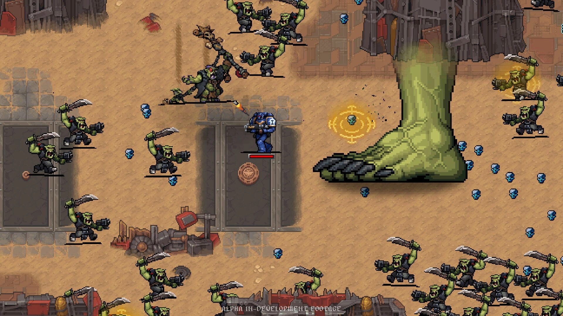 Warhammer Survivors: Space Marine fires amid ork swarm and giant green foot on sandy base map.
