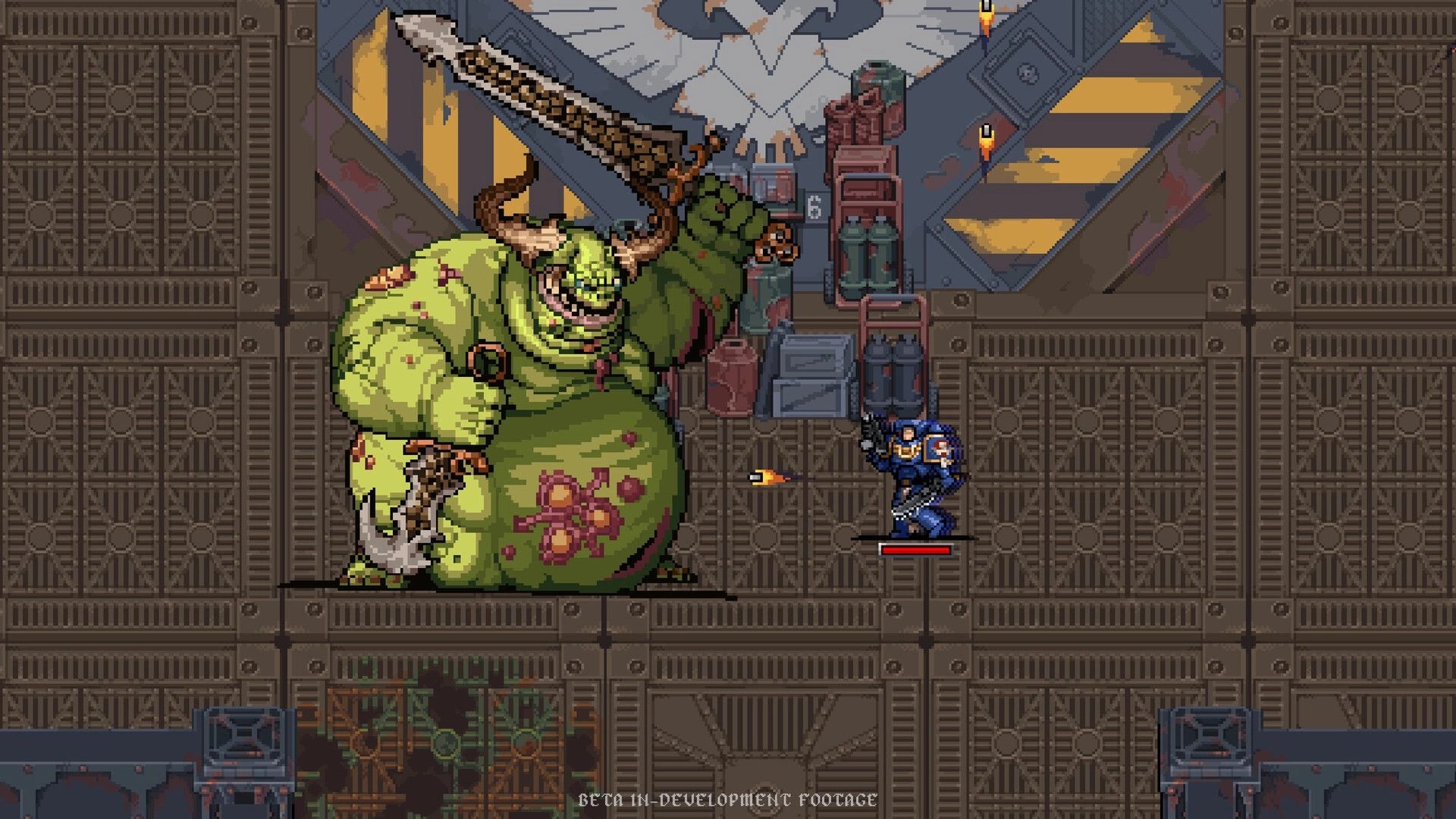 Warhammer Survivors: Space Marine fires at giant plague brute in metal corridor with crates and lamps.