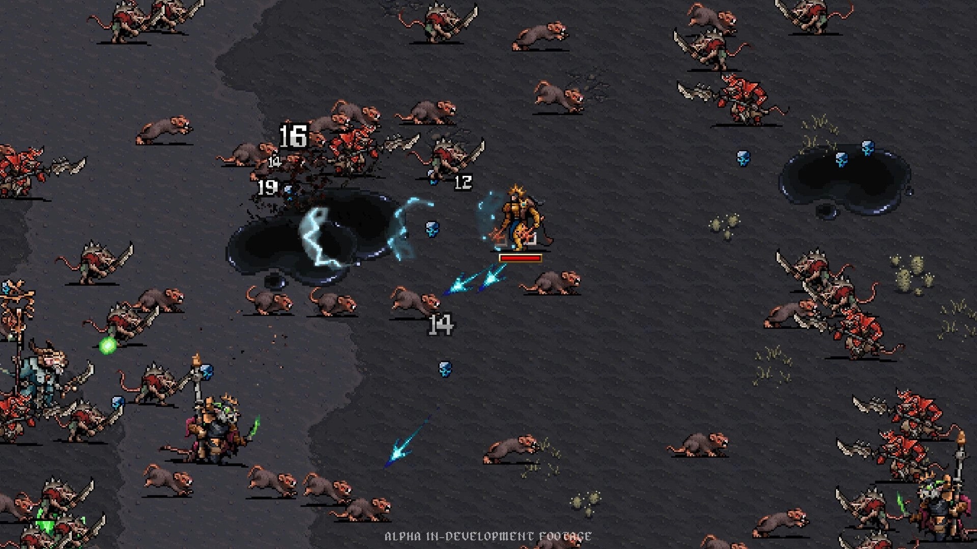 Warhammer Survivors: Armored hero fires blue bolts at rats and skaven on a dark battlefield map.