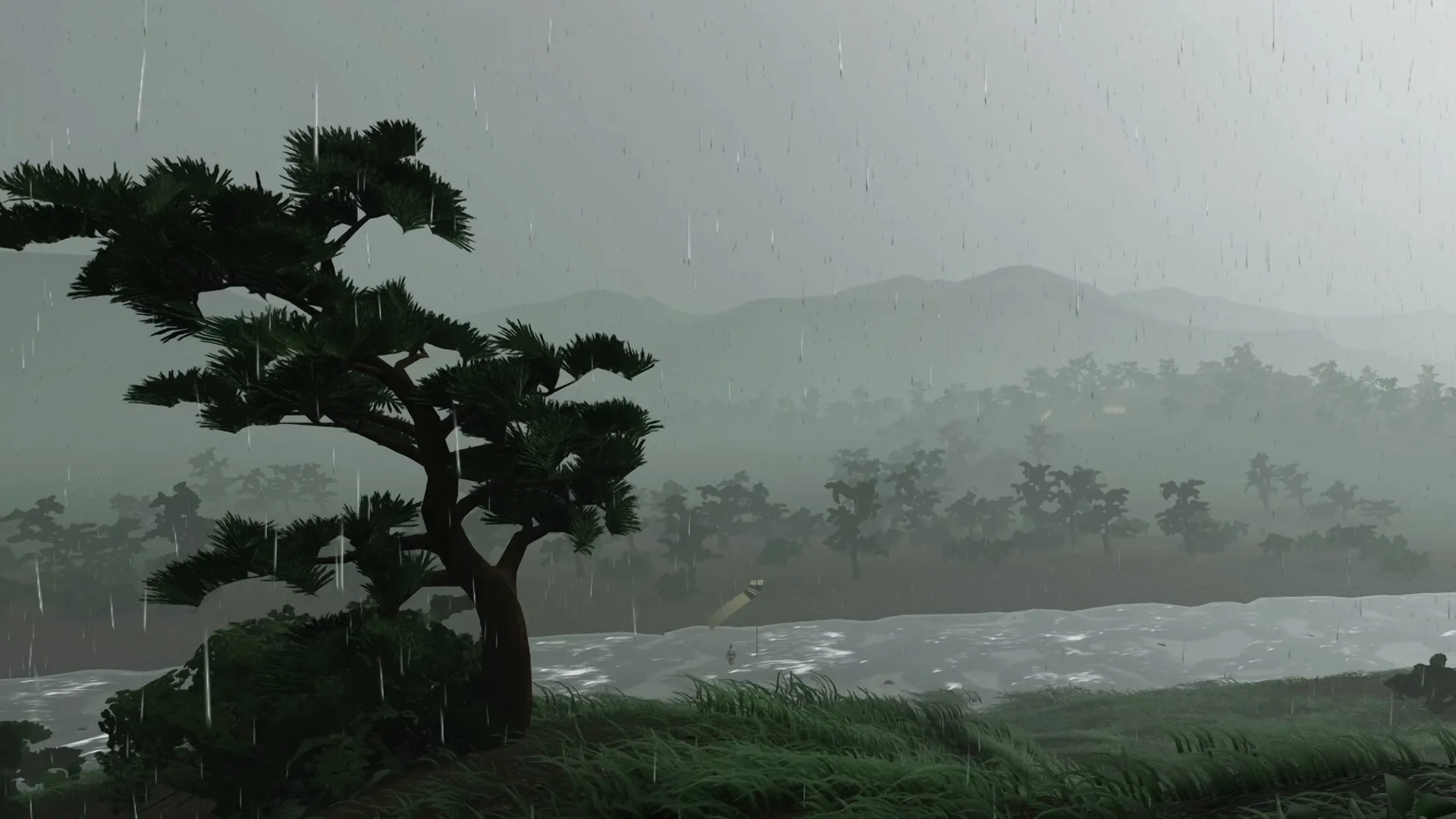 Warlord: Rain-soaked landscape with a lone tree beside a river under a misty, mountainous backdrop