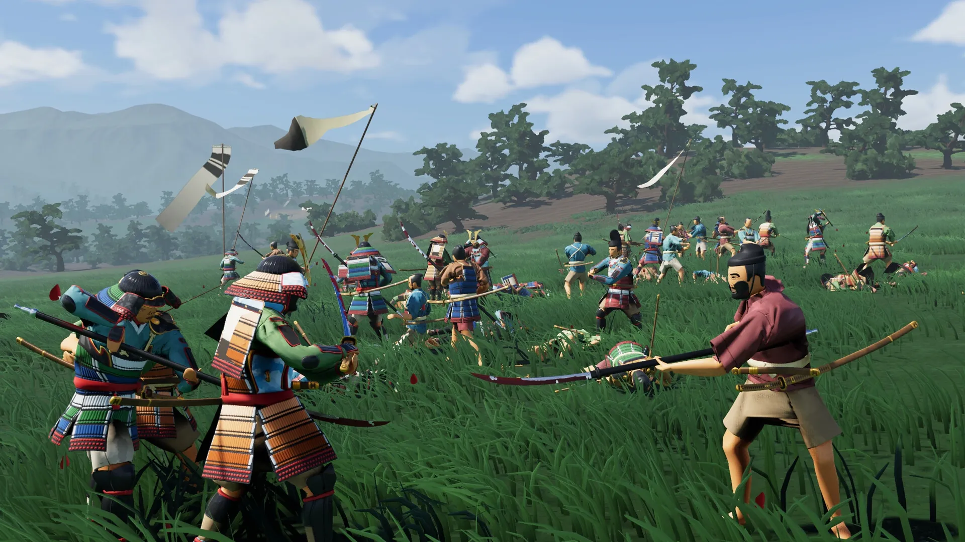 Warlord: Samurai warriors engage in battle on a grassy field, surrounded by lush hills and mountains.
