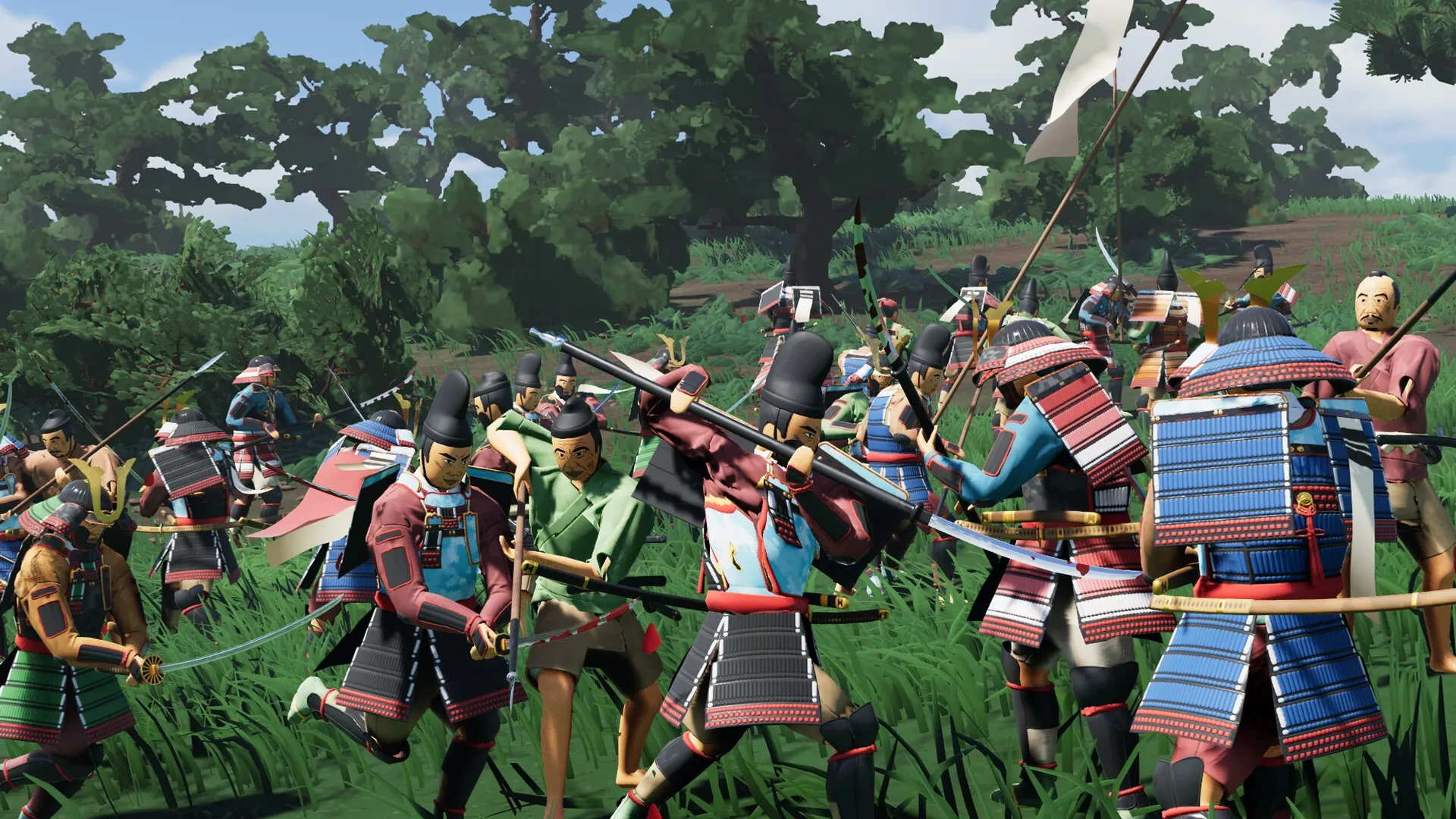 Warlord: Samurai warriors engage in intense battle amidst lush green forest setting on Awaji Island.
