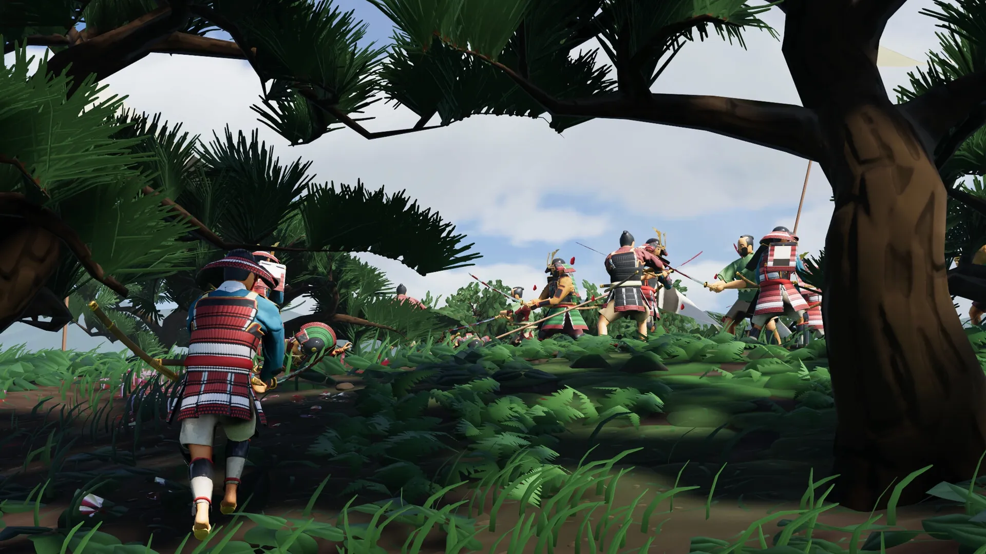 Warlord: Samurai warriors advancing through dense forest, preparing for battle on Awaji Island.