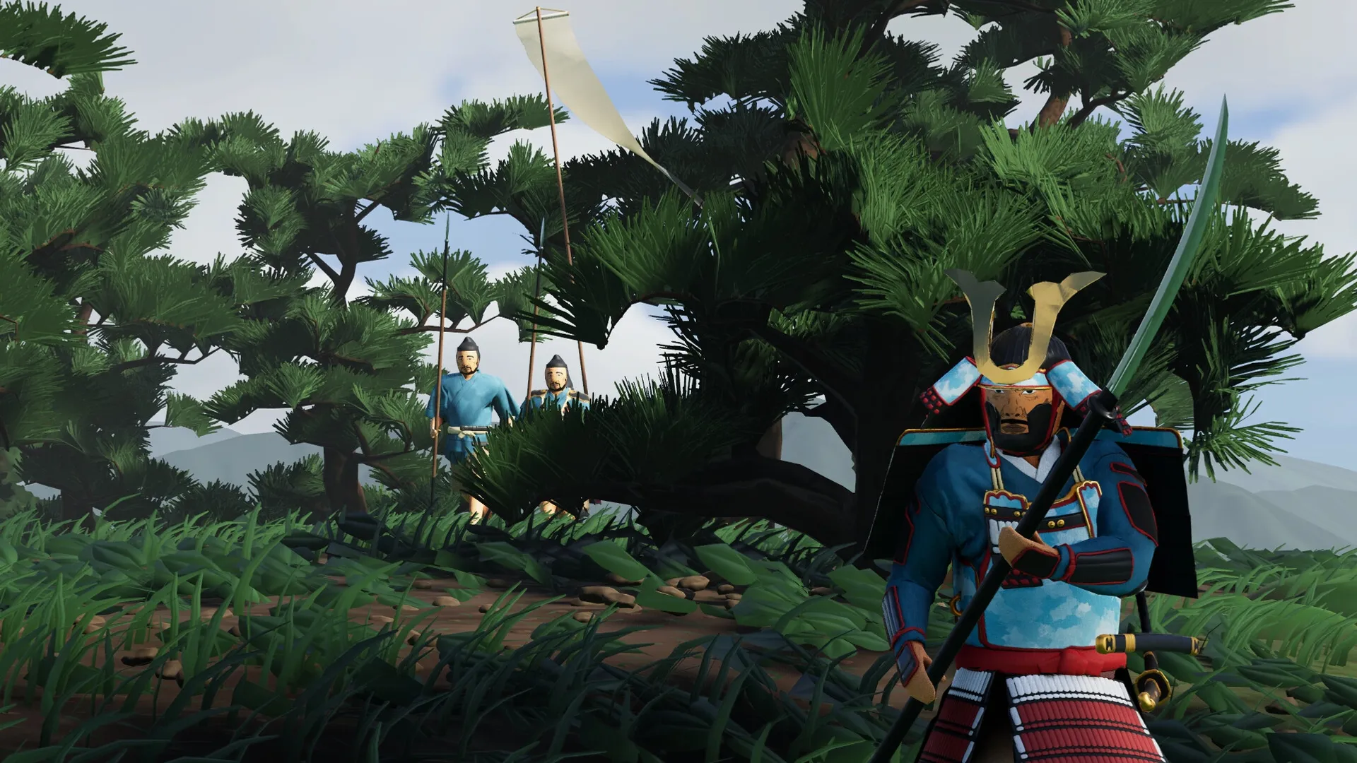 Warlord: Samurai warrior with spear leads troops through dense forest on Awaji Island.