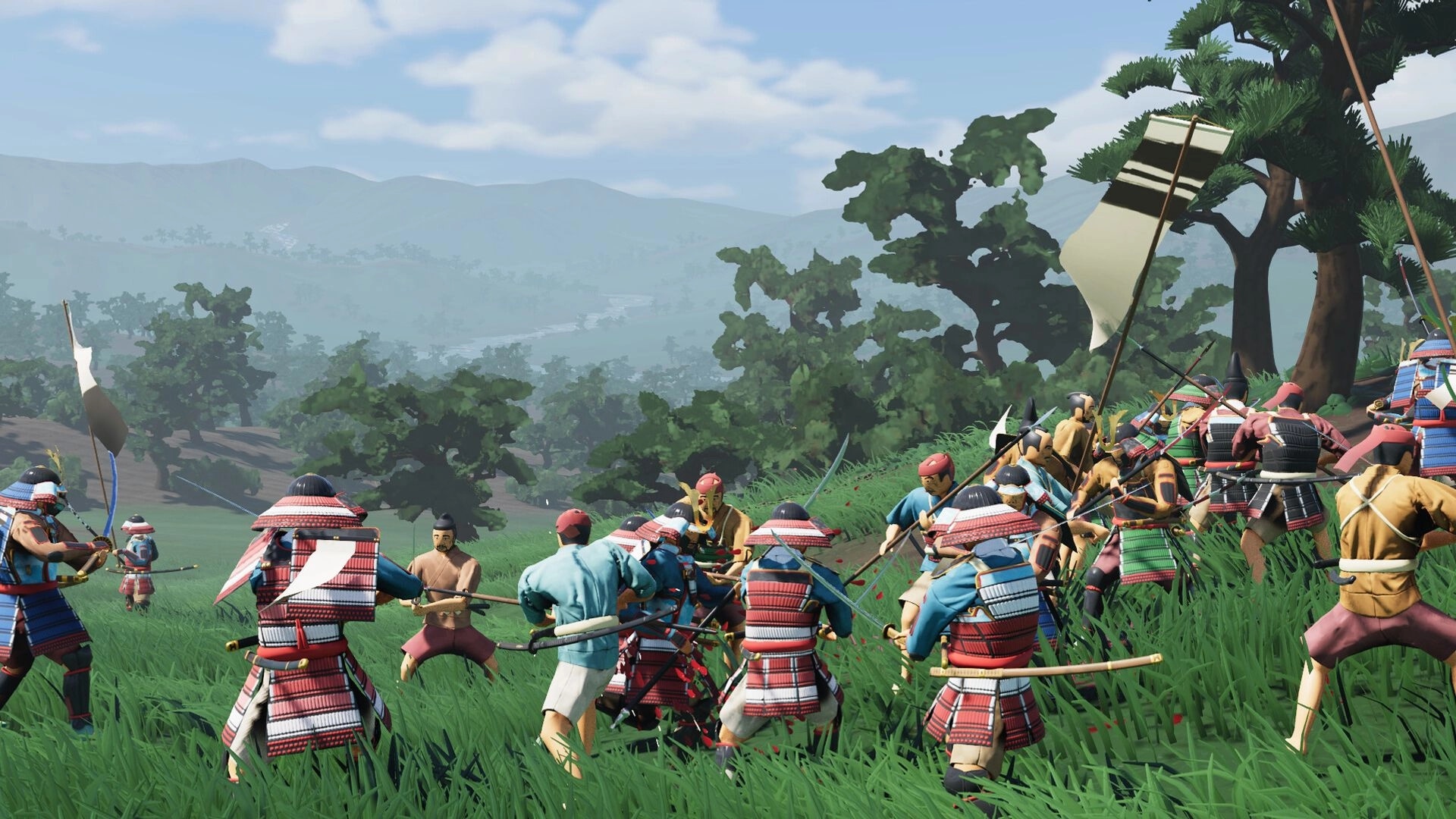 Warlord: Samurai warriors engage in combat with enemies in a grassy field on Awaji Island.