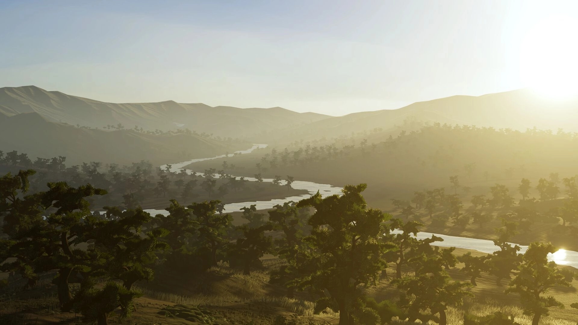 Warlord: Vast landscape of hills and trees bathed in sunlight with a river winding through the valley