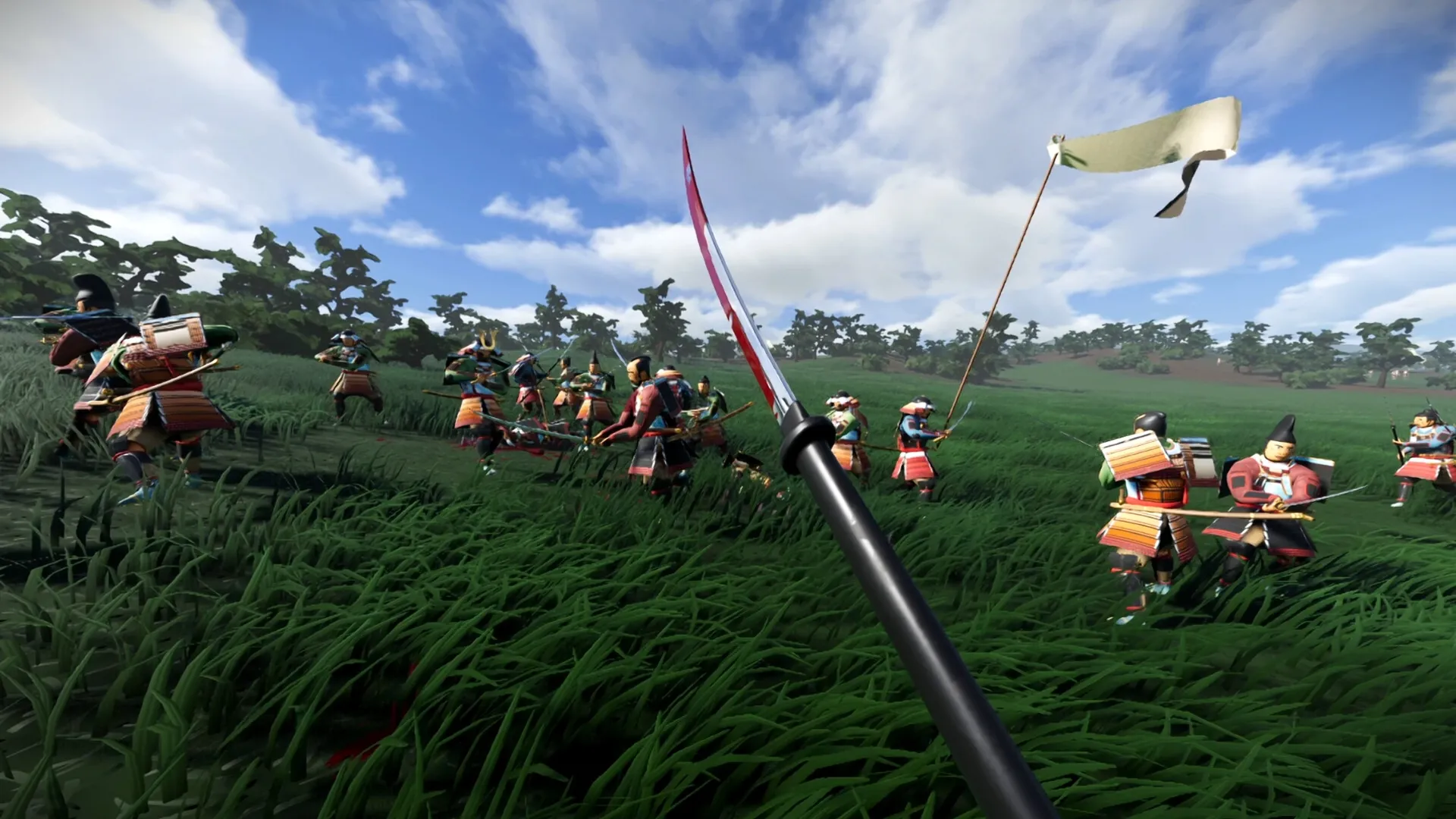 Warlord: First-person samurai battle in lush green field with warriors wielding swords and banners.