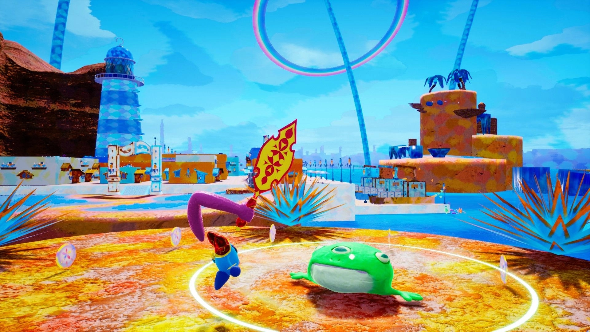 WARRIOR SPIRIT: Player battles green creature in vibrant coastal village with lighthouse and clay structures.