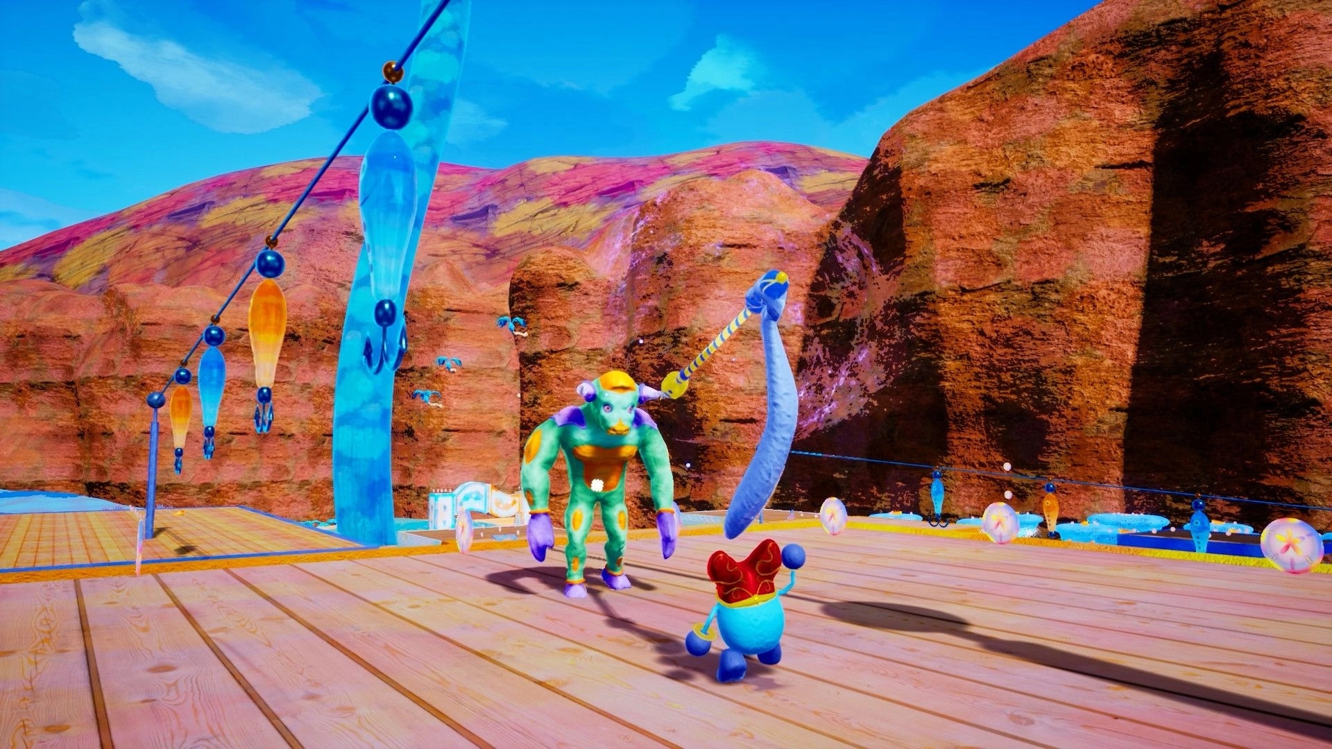 WARRIOR SPIRIT: Vibrant desert standoff with a large creature and small character on a wooden platform