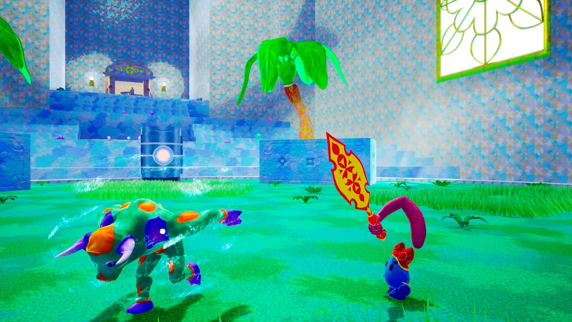 WARRIOR SPIRIT: Colorful character in combat with horned creature in vibrant, grassy arena environment.