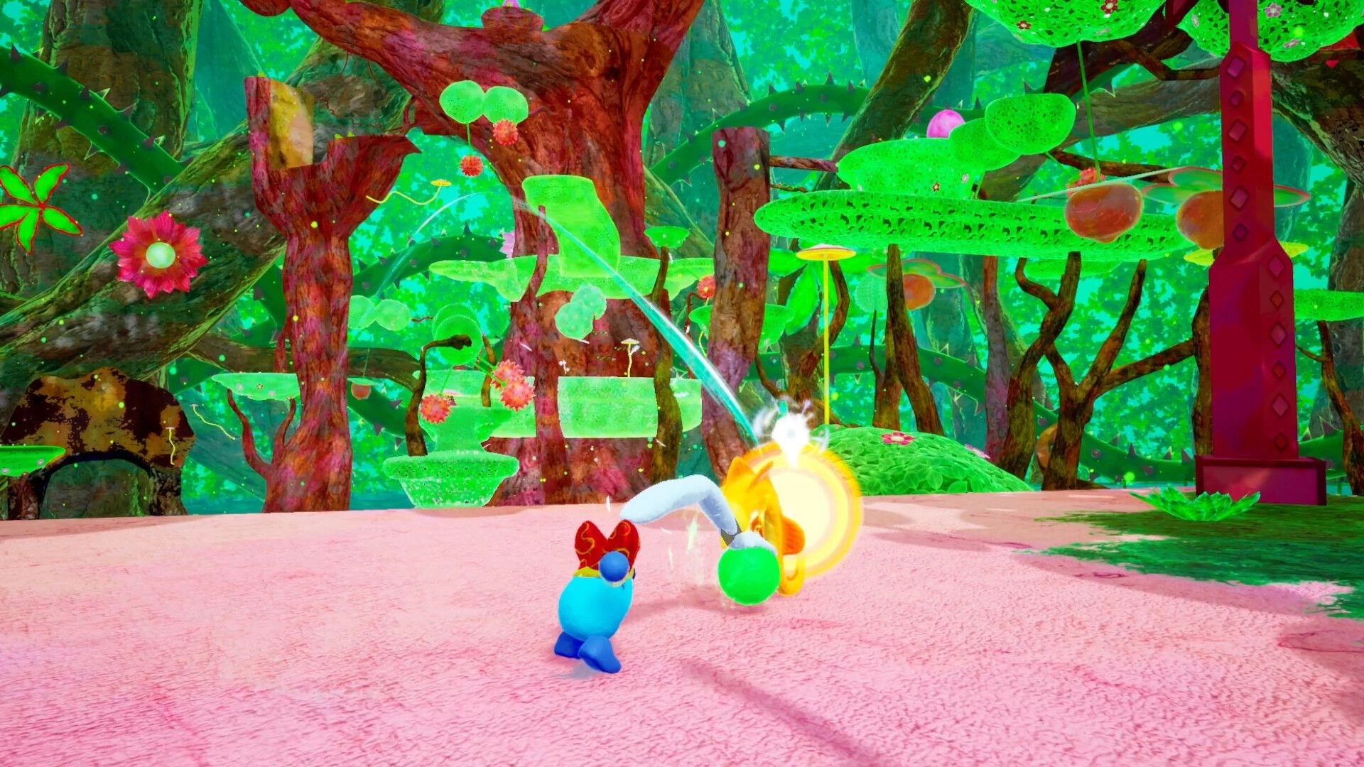 WARRIOR SPIRIT: Blue character battles an enemy in a vibrant forest with colorful foliage and platforms.
