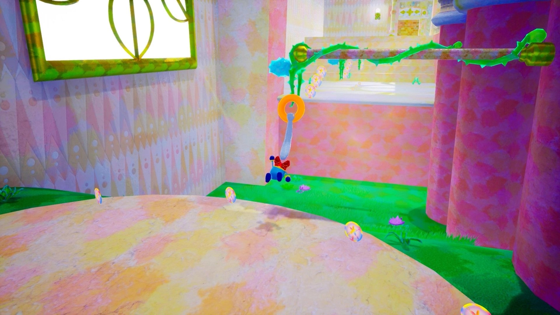 WARRIOR SPIRIT: Character swings from vine in colorful, pastel platforming environment with floating orbs.