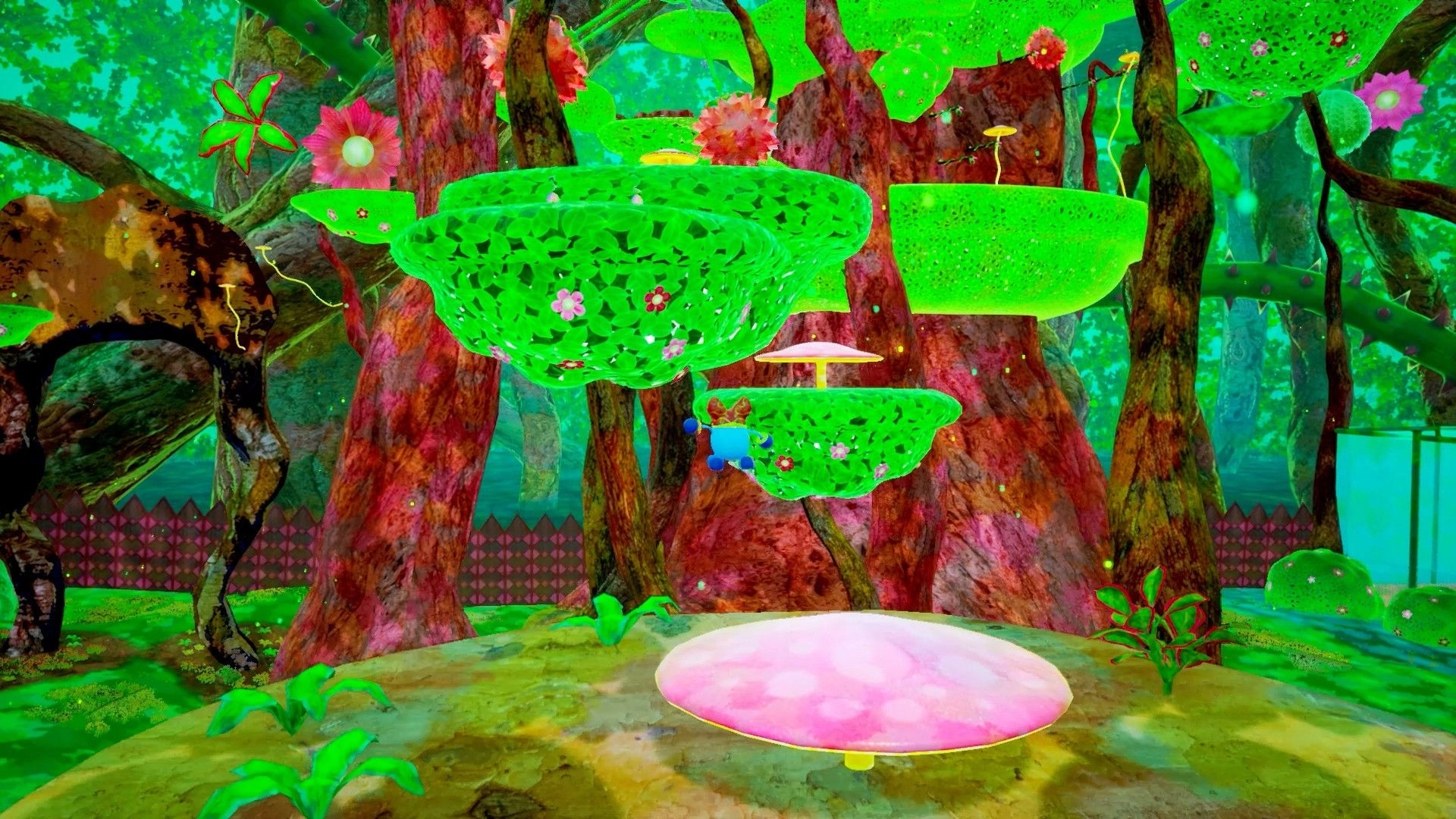 WARRIOR SPIRIT: Character wall-runs on vibrant green platforms in a lush, colorful forest setting.