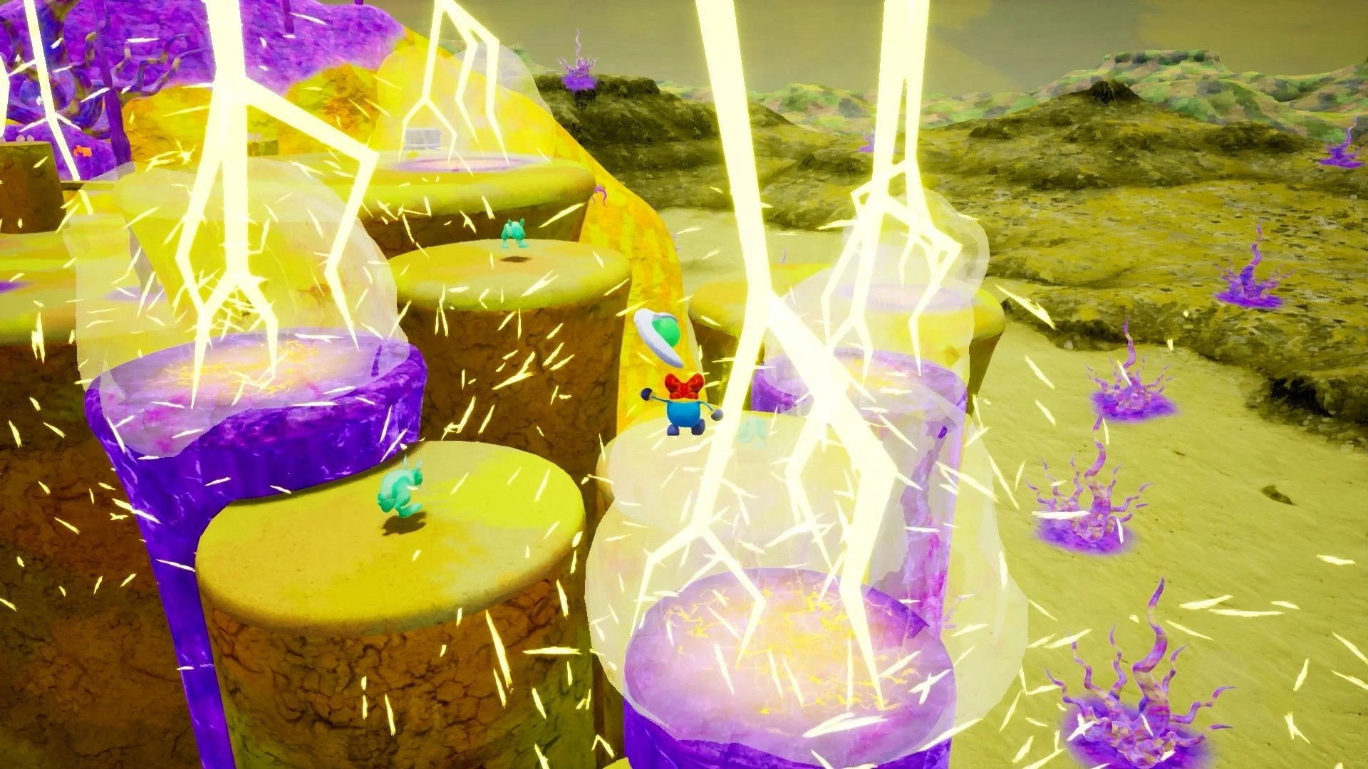 WARRIOR SPIRIT: Character jumps across glowing platforms with lightning in a vibrant, rocky landscape.