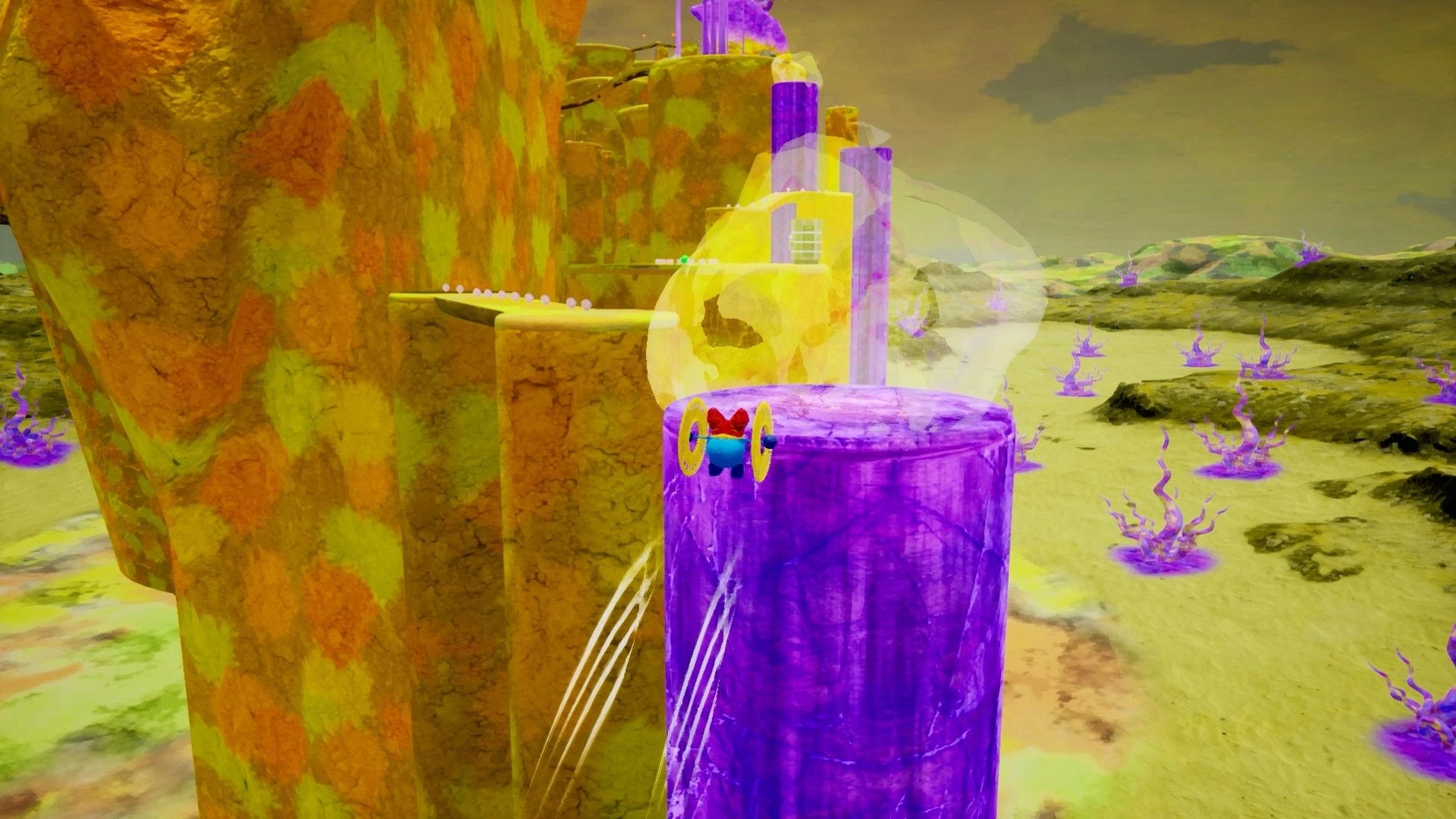 WARRIOR SPIRIT: Player wall-running on a purple tower in a vibrant, colorful canyon environment.