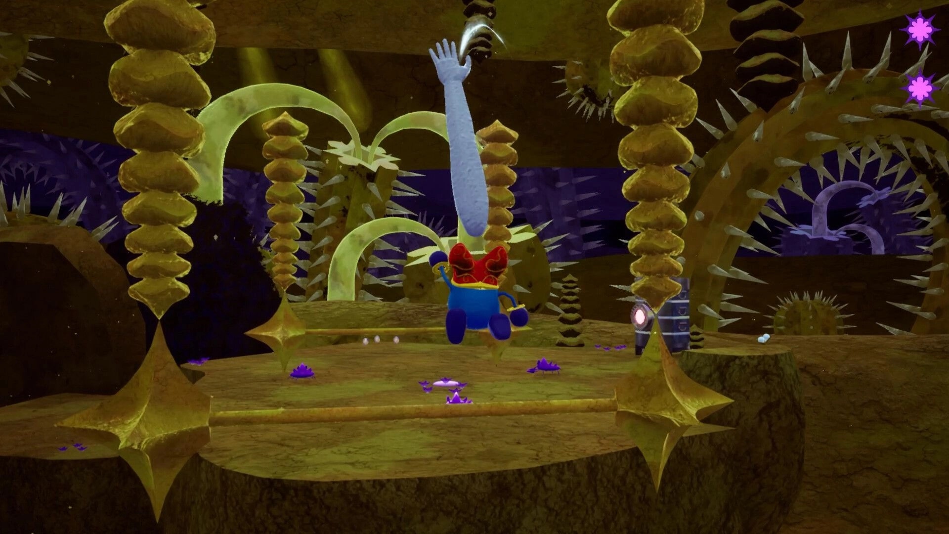 WARRIOR SPIRIT: Character swings through spiked cavern using elongated arm among golden pillars