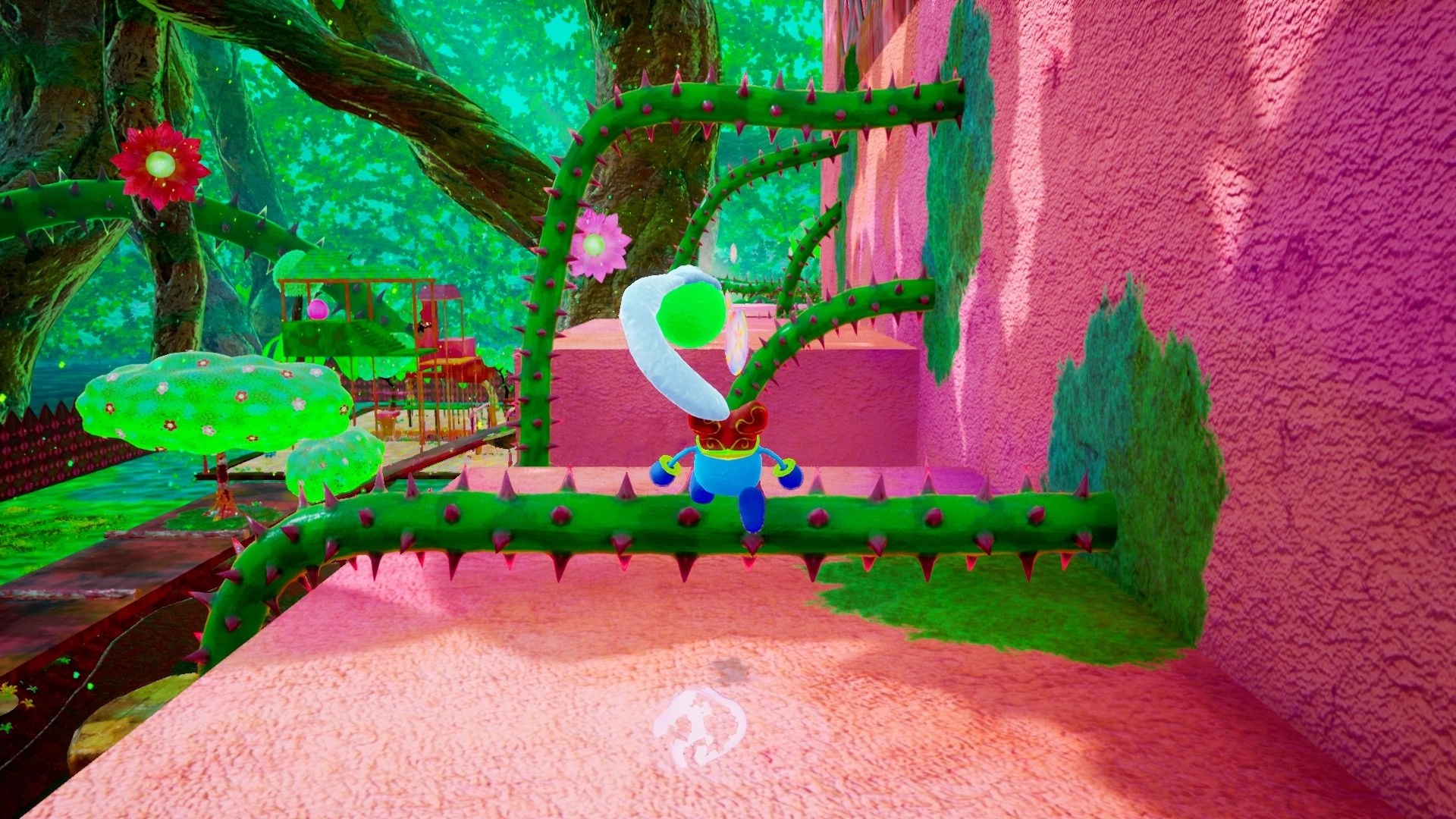 WARRIOR SPIRIT: Character wall-runs on spiked vines in a vibrant, colorful forest platforming level.