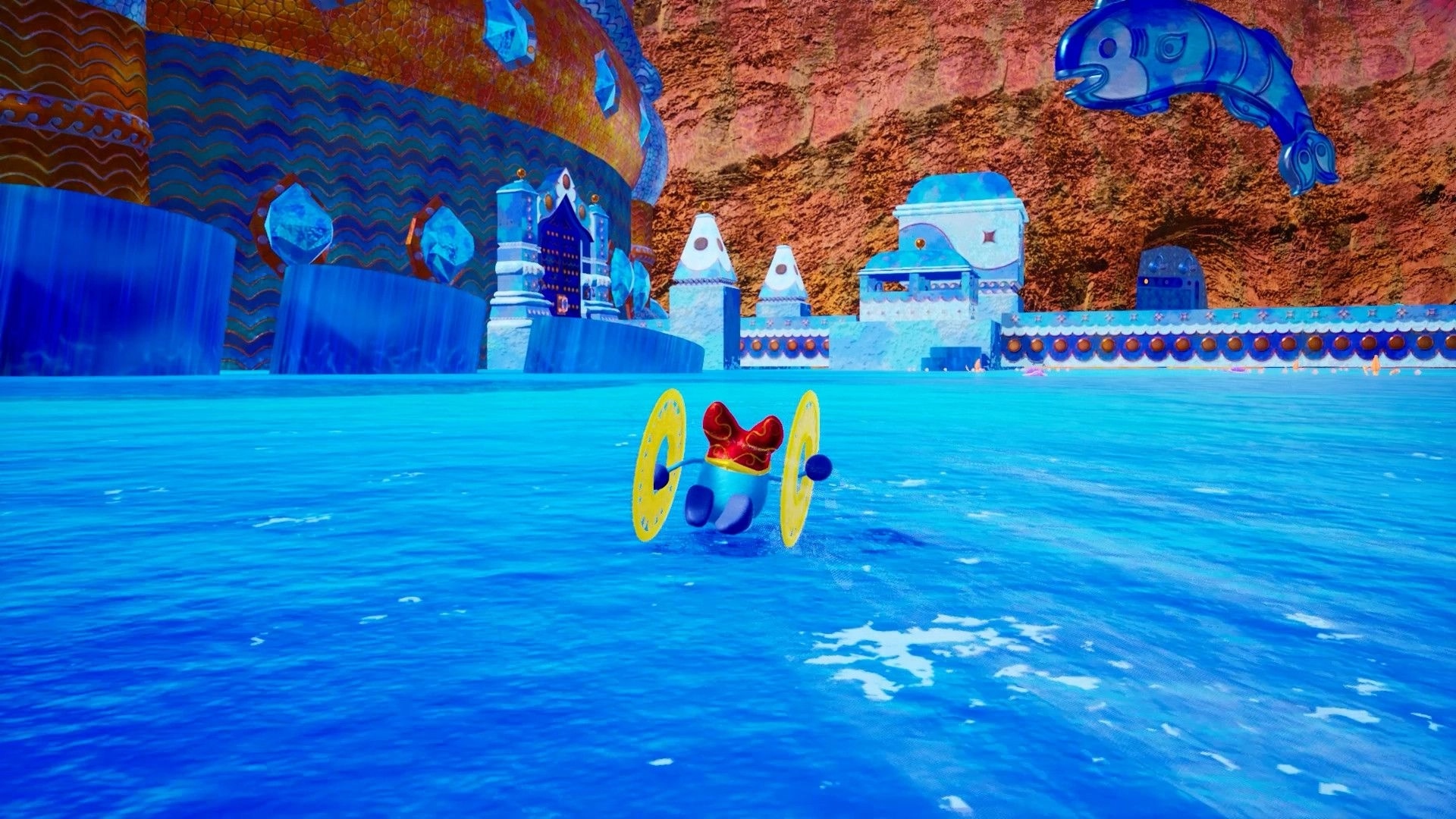 WARRIOR SPIRIT: Character swimming with yellow discs in a vibrant, colorful aquatic city environment.