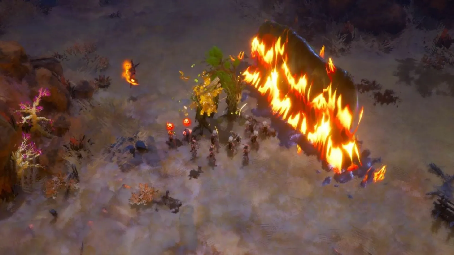 Wartorn: Elemental creature leads a group past a towering wall of fire in a desolate battlefield.