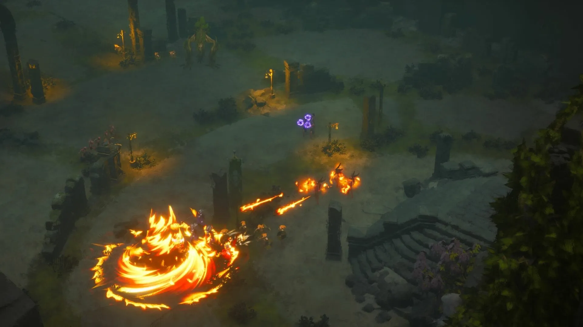Wartorn: Elemental fire attack during battle in ruined stone arena with fantasy creatures present