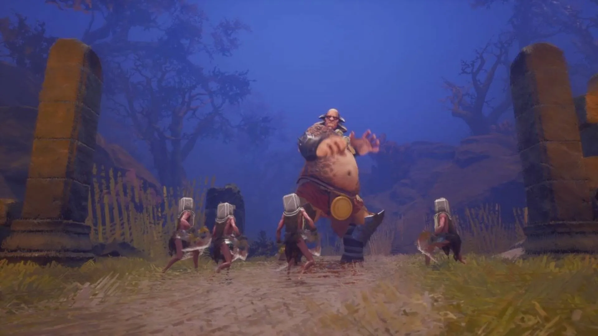 Wartorn: Giant warrior leads goblin creatures through misty forest ruins, flanked by towering stone pillars.