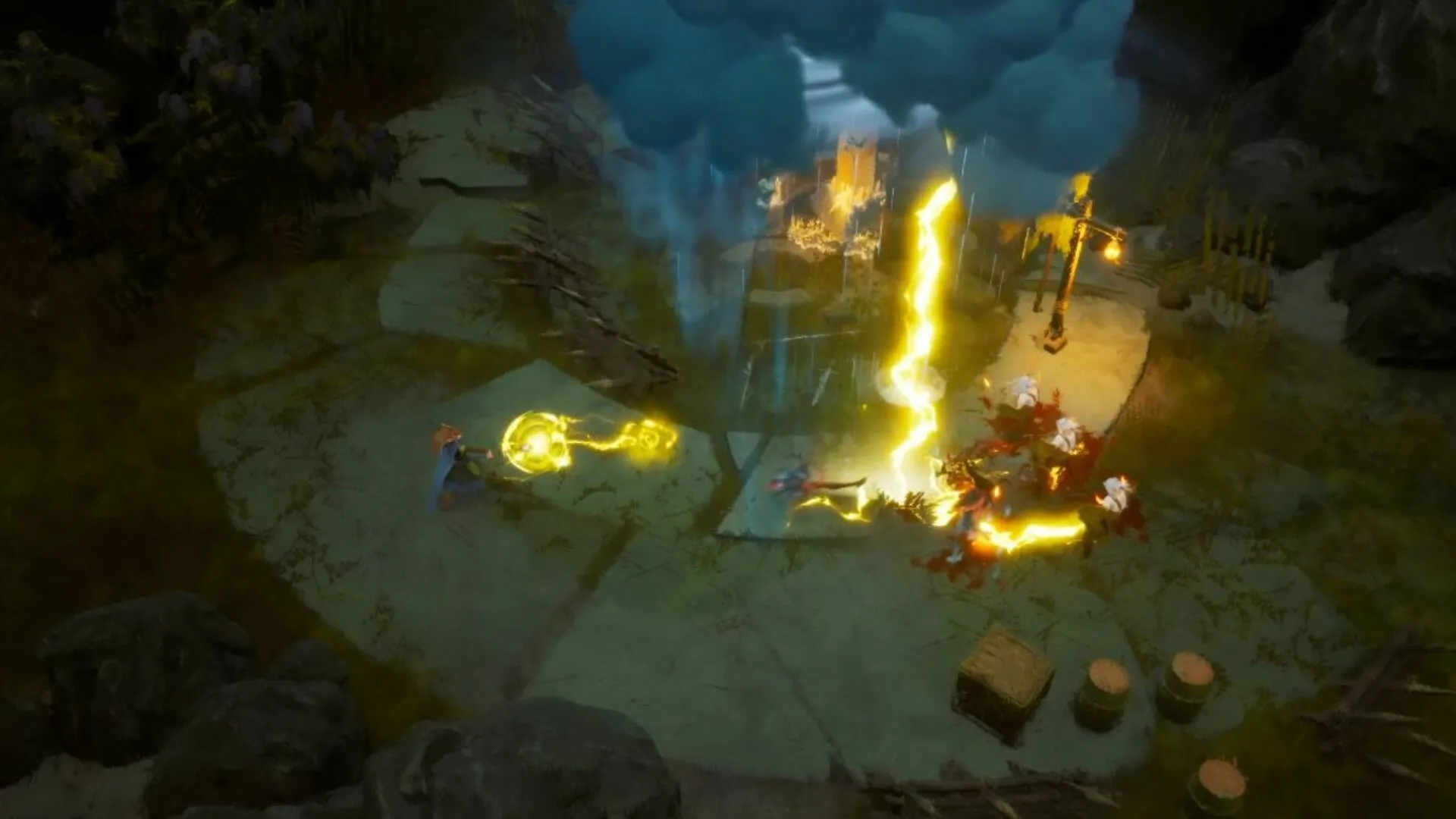 Wartorn: Mage casting lightning spell against enemies amidst ruins and swirling storm clouds