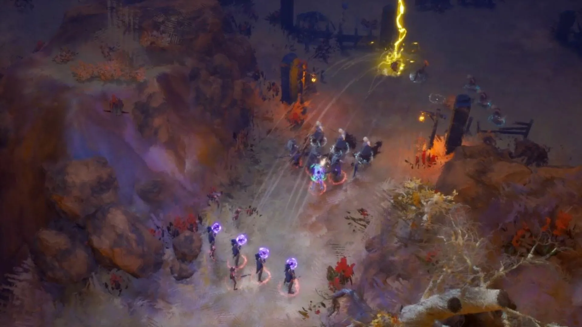 Wartorn: Fantasy creatures engage in a magical battle amid a rocky landscape with lightning strikes.