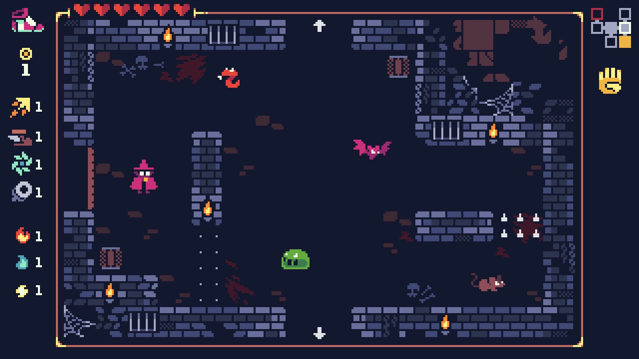 WASarD: Wizard navigates dungeon room with enemies; UI shows health, items, and charms on the side.