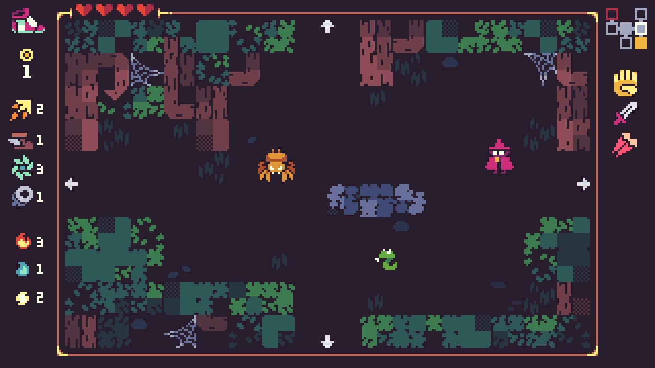 WASarD: Player wizard in forest clearing evades spider and snake with health and inventory HUD on screen