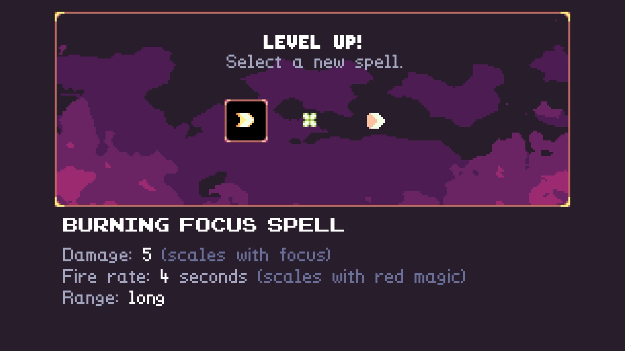 WASarD: Level up screen displaying spell selection options and details for Burning Focus Spell
