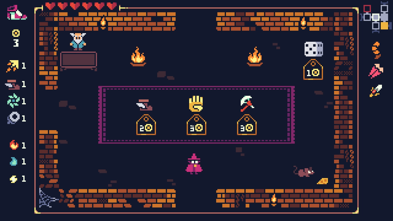 WASarD: Wizard in dungeon shop with charms, relics, and a vendor surrounded by brick walls and flames.