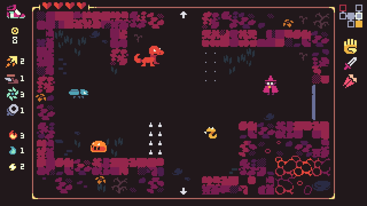WASarD: Dungeon map with wizard character, enemies, and inventory icons on screen edges