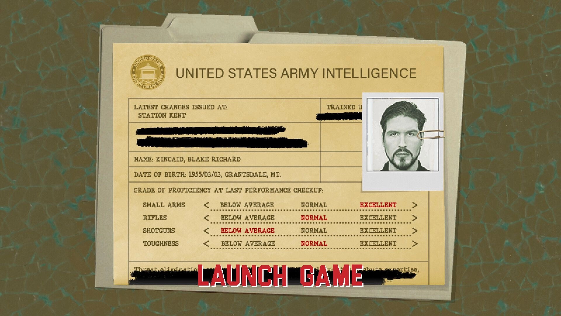 Washington Prime: Army intelligence dossier for Blake Kincaid with stats and LAUNCH GAME button overlay.