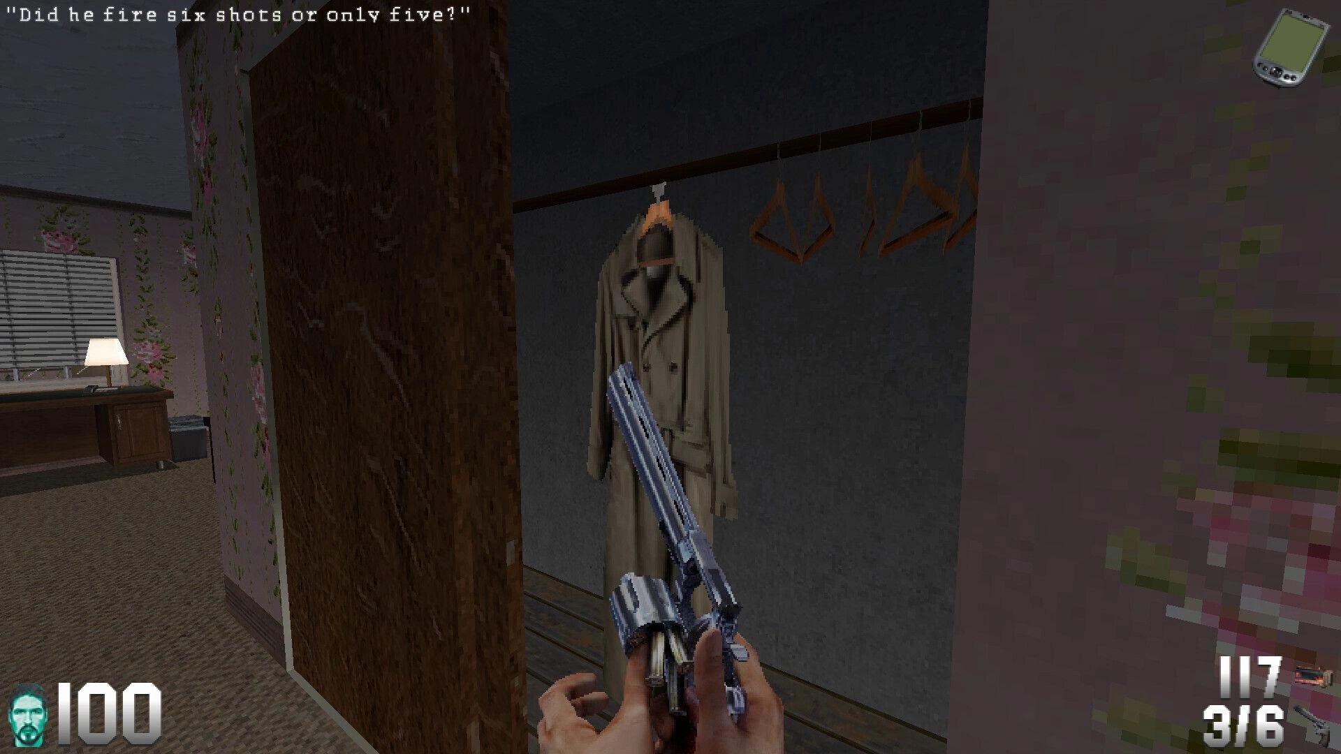 Washington Prime: First-person revolver aimed at a hanging coat in a wallpapered apartment hallway HUD visible.