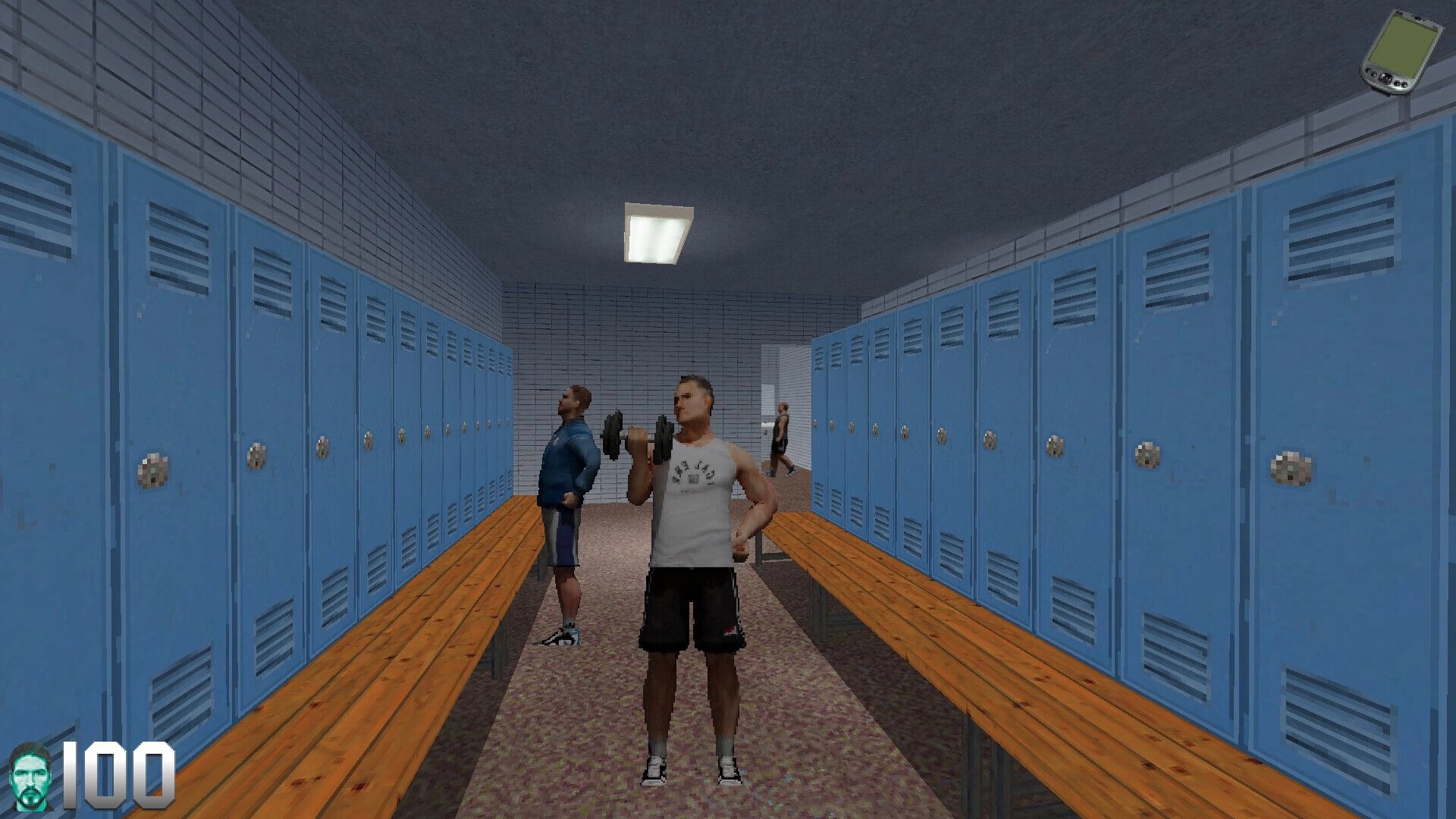 Washington Prime: First-person view of man lifting a dumbbell in locker room with blue lockers and HUD.